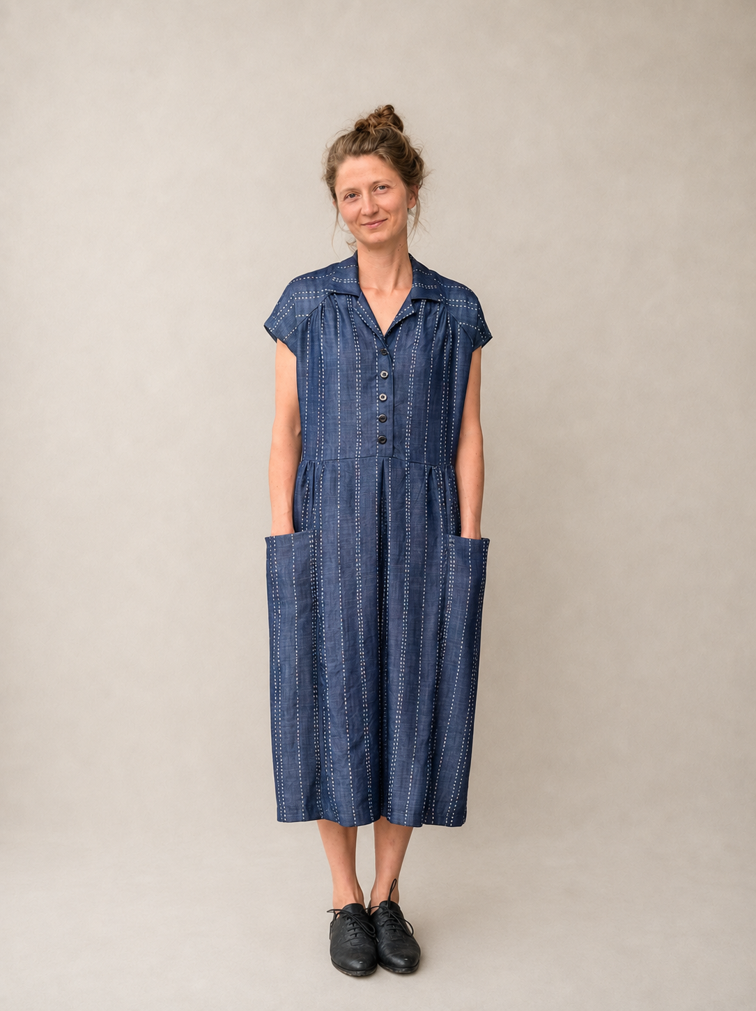 Elly Dress in Navy Pinstripe