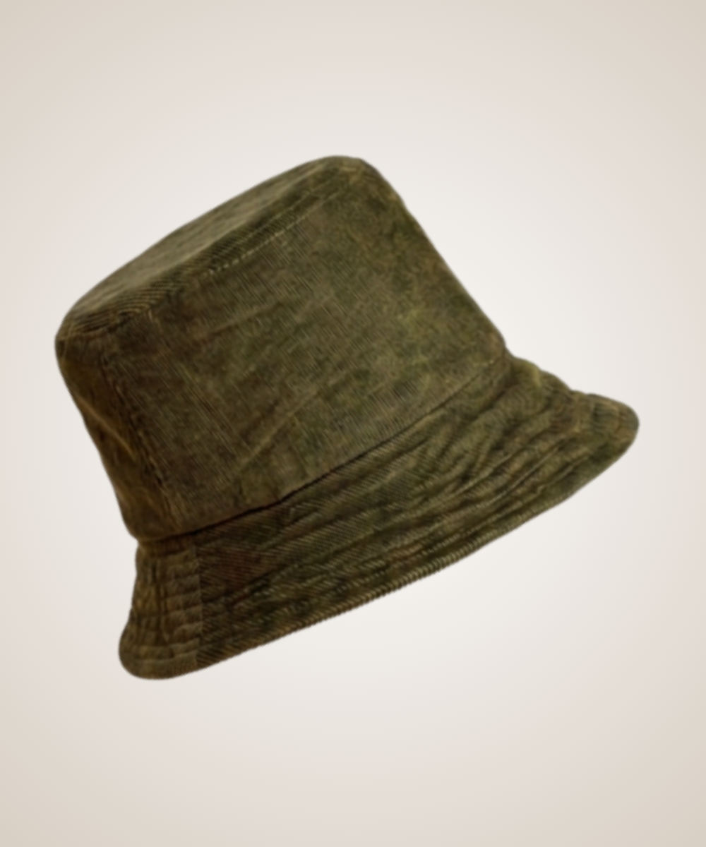 An olive bucket hat shown from a side profile against a light beige background.